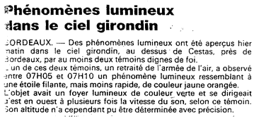 PHENOMENES LUMINEUX DANS LE CIEL GIRONDIN R&eacute;sum&eacute; des premiers articles