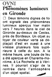 PHENOMENES LUMINEUX EN GIRONDE M&ecirc;me article que dans l'Aurore