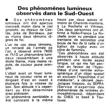 Hypoth&egrave;se d'une m&eacute;t&eacute;orite exclue par le SEPRA