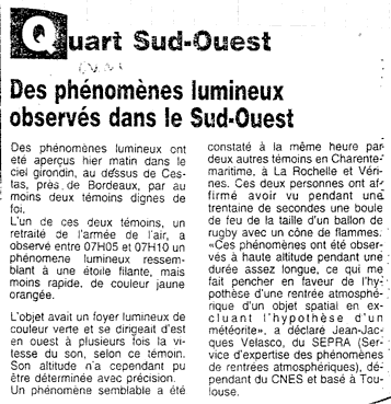 DES PHENOMENES LUMINEUX OBSERVES DANS LE SUD-OUEST M&ecirc;me article que le pr&eacute;c&eacute;dent