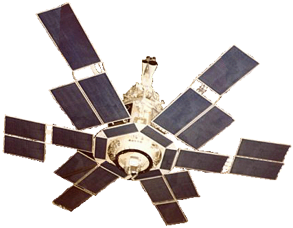 Satellite avec six panneaux compos&eacute;s de trois &eacute;l&eacute;ments chacun