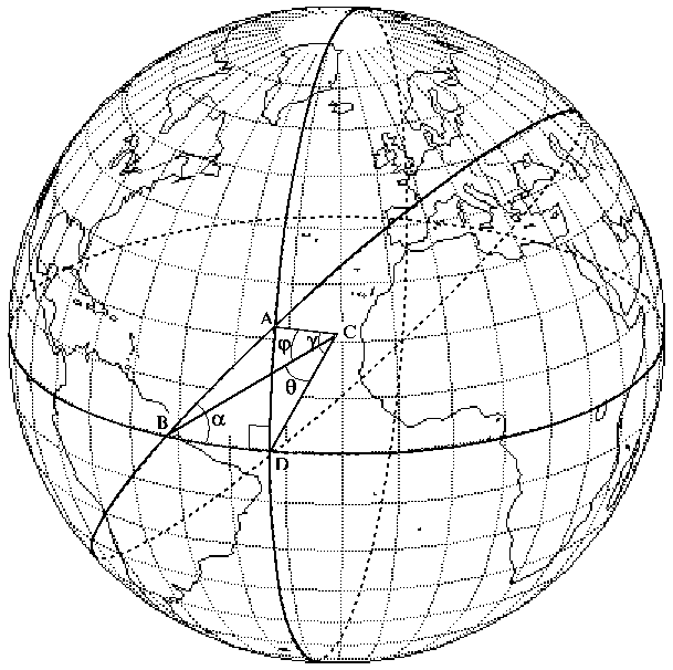 Triangle sph&eacute;rique sur le globe terrestre