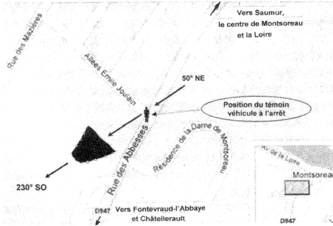Plan, avec l'objet qui se d&eacute;place du nord-est au sud-ouest
