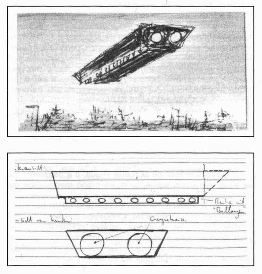 Sch&eacute;ma d'un objet tr&egrave;s structur&eacute;, avec une rang&eacute;e de hublots sur le c&ocirc;t&eacute; en bas et deux &laquo; tuy&egrave;res &raquo; &agrave; l'arri&egrave;re