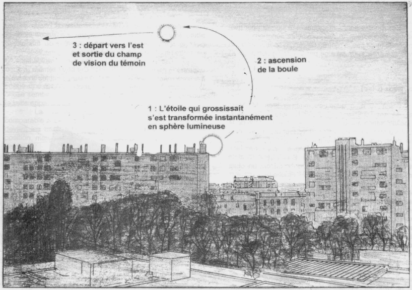 Dessin des b&acirc;timents, boule qui se trouve &agrave; l'angle de celui d'en face, puis decrit un demi-cercle en s'&eacute;levant et s'&eacute;loigne vers la gauche