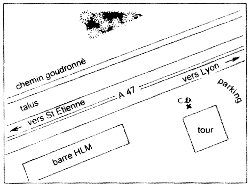 Plan des lieux avec l'objet passant au nord de l'autre c&ocirc;t&eacute; de la route, d'ouest en est.