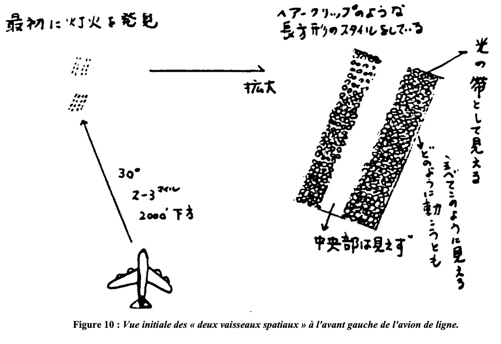 Vue initiale des "deux vaisseaux spatiaux", &agrave; 30&deg; vers la gauche, l'un au-dessus de l'autre, formant chacun deux rectangles de lumi&egrave;res