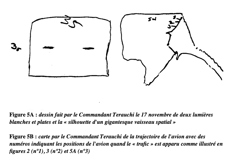 Figure 5A, deux lumi&egrave;res blanches et plates, 5B carte de la trajectoire de l'avion avec les trois positions illustr&eacute;es par les figures 2, 3 et 5A