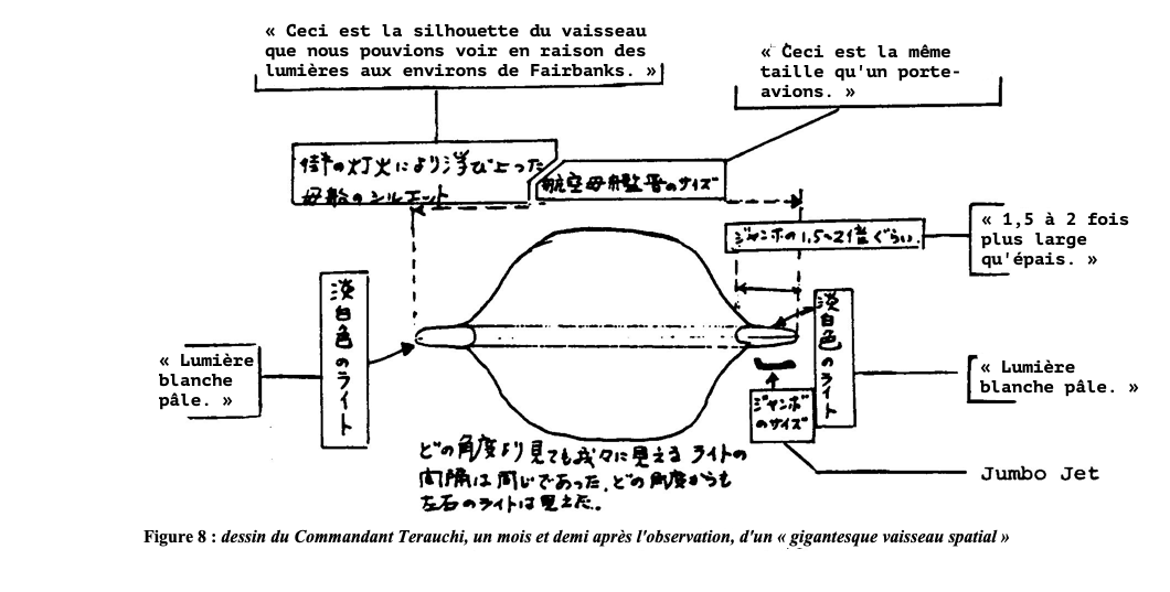 Dessin du Commandant Terauchi, un mois et demi apr&egrave;s l'observation - Silhouette du vaisseau que nous pouvions voir en raison des lumi&egrave;res aux environs de Fairbanks - taille d'un porte-avions - lumi&egrave;res blanches p&acirc;les 1,5 fois plus larges qu'&eacute;paisses