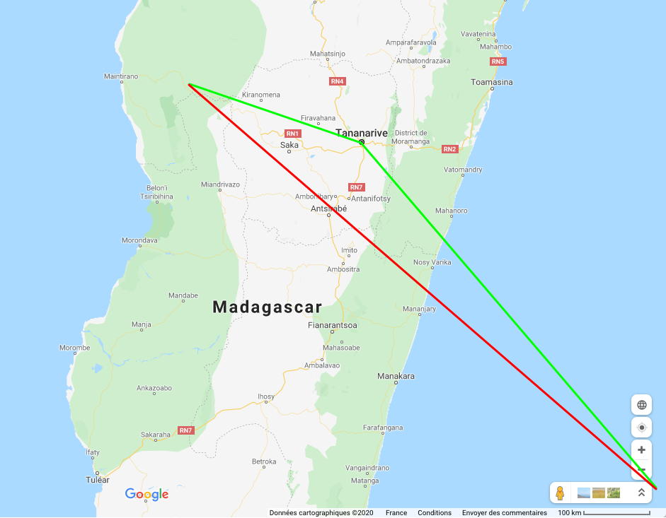 Trajectoire orient&eacute;e nord-ouest, venant de l'oc&eacute;an et se terminant peu apr&egrave;s Sakay