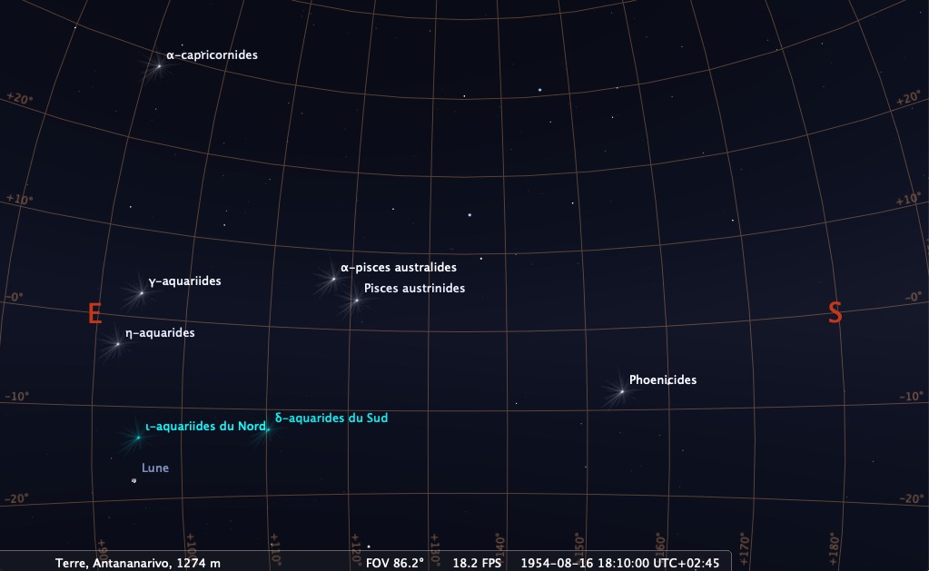 Radiants des pluies de m&eacute;t&eacute;ores vers le sud-est pr&egrave;s de l'horizon