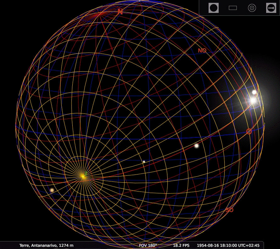 Globe terrestre invers&eacute; avec grille &eacute;quatoriale, azimutale et &eacute;cliptique